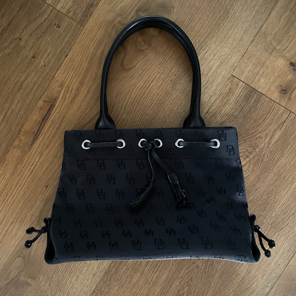 ❣️SOLD❣️ Vintage Dooney & Bourke Monogrammed Fabric Handbag, Leather Trim